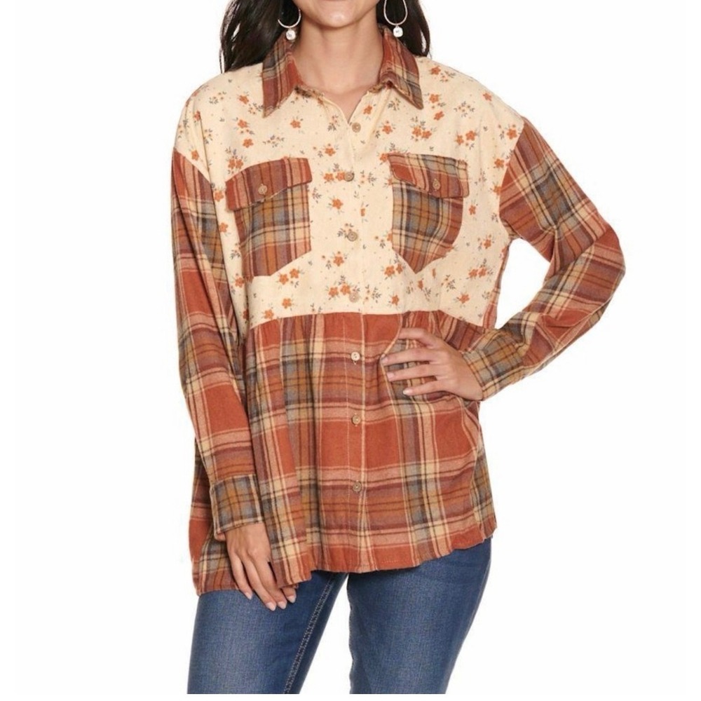 Grace & Emma Plaid Floral Mixed Media Peplum Button Down Shirt Rust Cream M